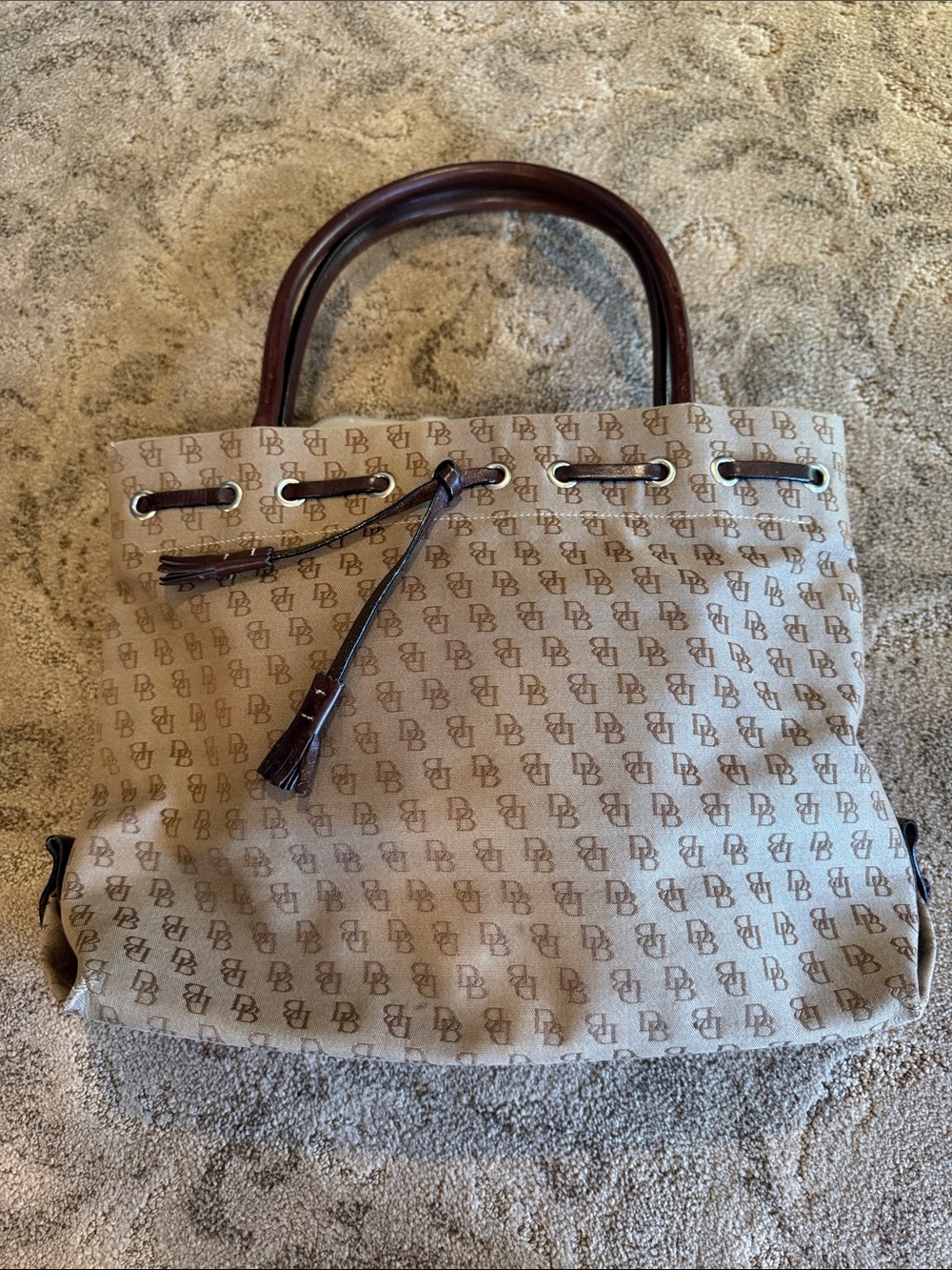 Dooney & Bourke Beige Monogram Tote with Brown Leather Trim